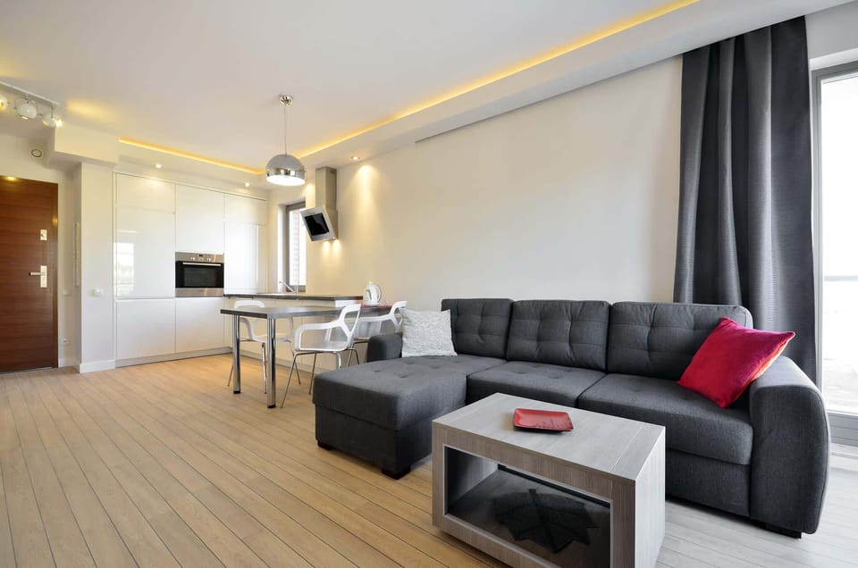 Classic living room in black and white color scheme with a sofa bed, TV and kitchenette.