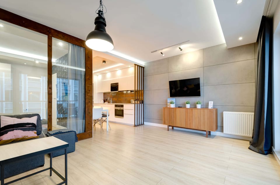 Spacious living room with a sofa bed, TV, dining area and kitchenette.