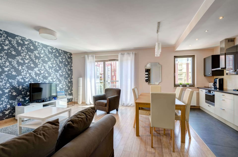 Comfortable living room with a sofa bed, TV and kitchenette with dining area.