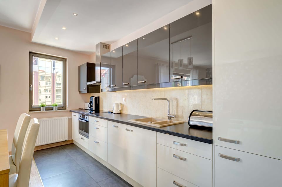 Fully equipped kitchenette with induction cooktop, electric kettle, refrigerator, freezer, oven, toaster, dishwasher, set of dishes, kitchen utensils and table with chairs.
