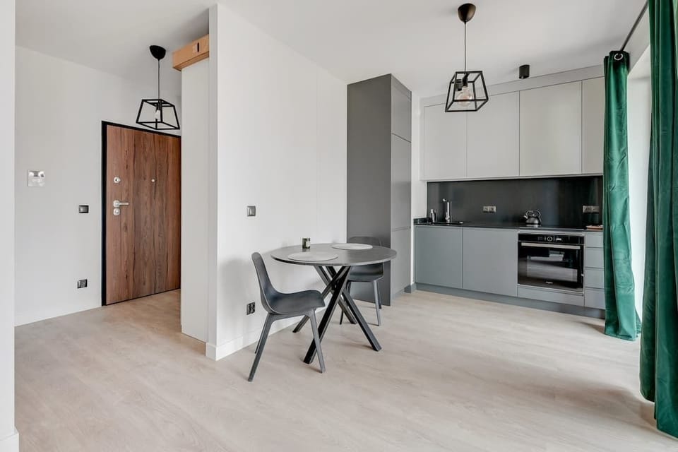 A living room with a kitchenette is a well-organized space that has plenty of storage space.