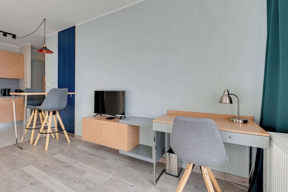 Studio layout, showing a TV mounted on a wooden stand, a chair, and a small desk. The design is simple and functional, with light flooring and walls.