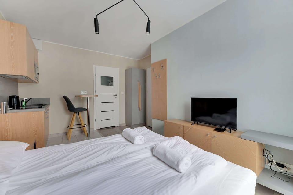 Bright studio layout, including a double bed, a TV mounted on a wooden unit, and floor-length curtains. The open space feels airy and functional, with clean, modern furnishings.