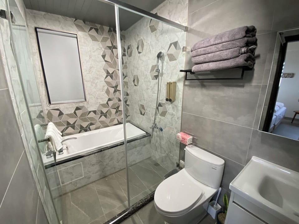 Combined shower/tub, hair dryer, towels, shampoo