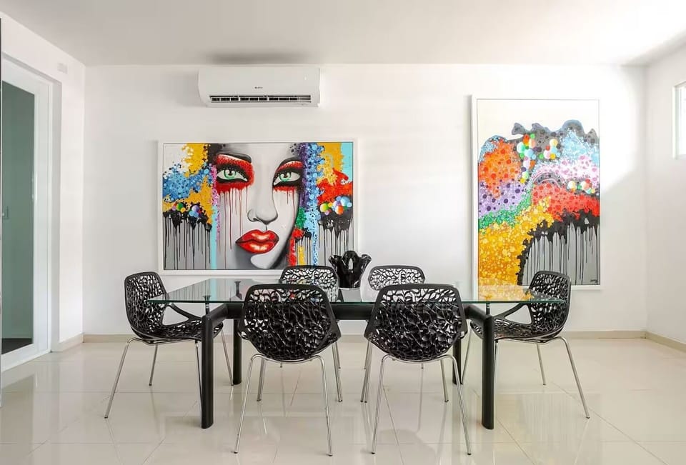 Lobby area surrounded by beautiful artwork 