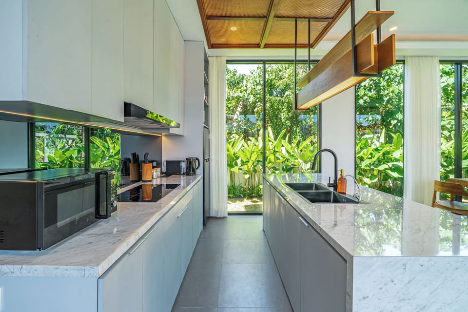 Luxury Villa, Patio, Pool View | Private kitchen | Fridge, microwave, stovetop, dishwasher