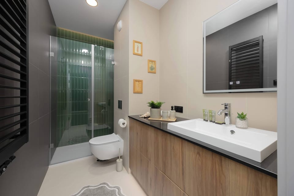A sleek modern bathroom with a walk-in shower, toilet, and wooden vanity.