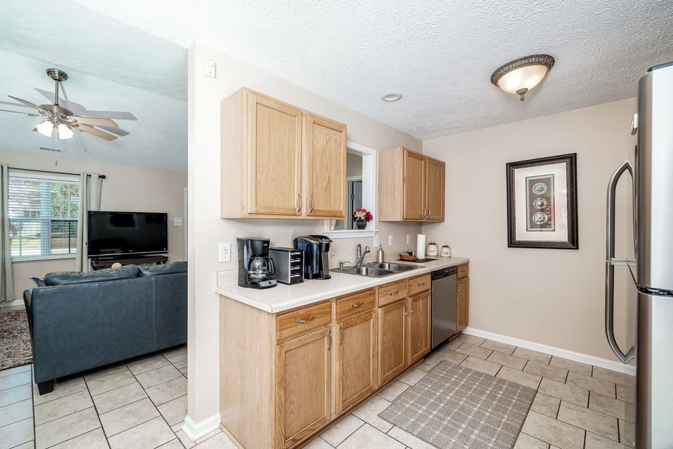 Kitchen is equipped with all cookware and utensils needed for home-cooked meals