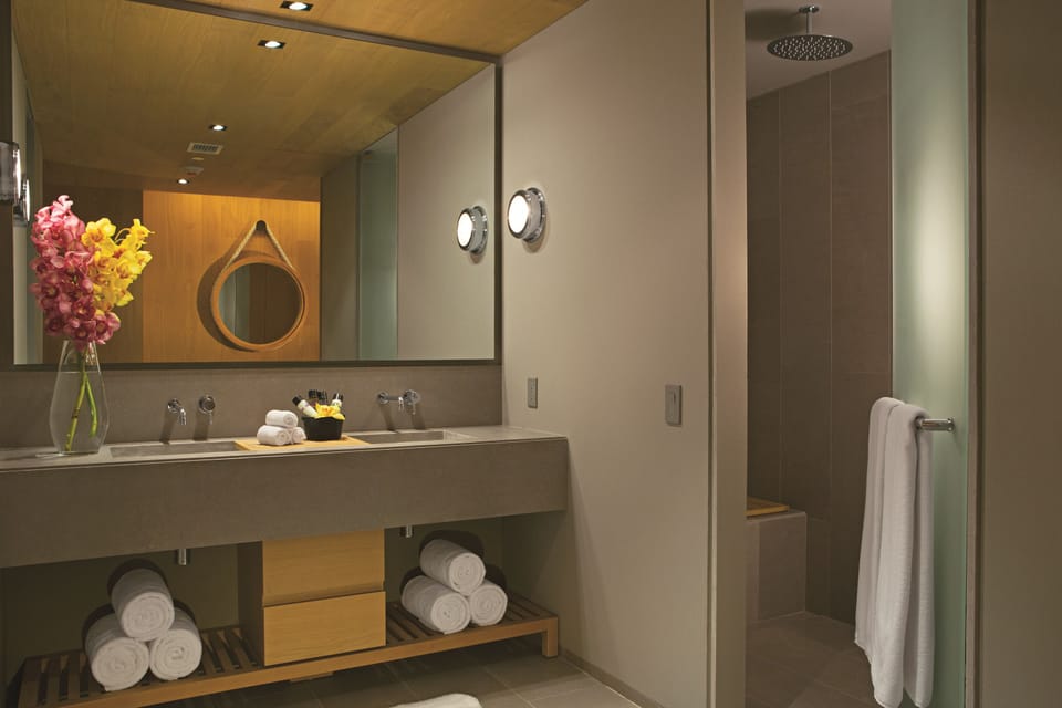 Shower, rainfall showerhead, designer toiletries, hair dryer