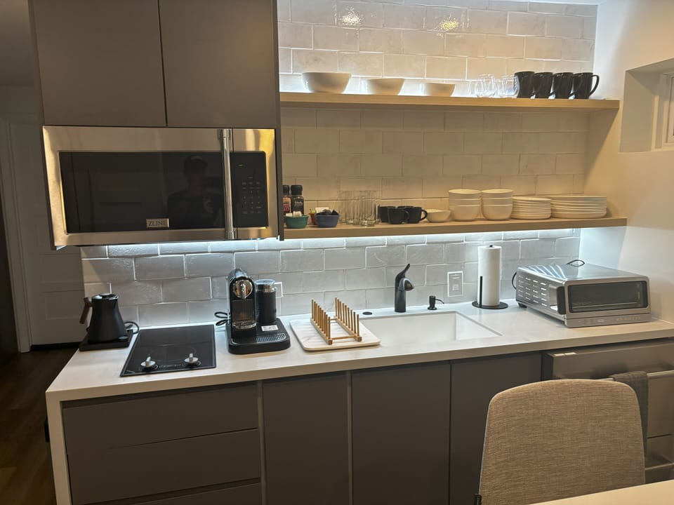 Nespresso Coffee and Fellow Studio Pro kettle. Tea and coffee included.
