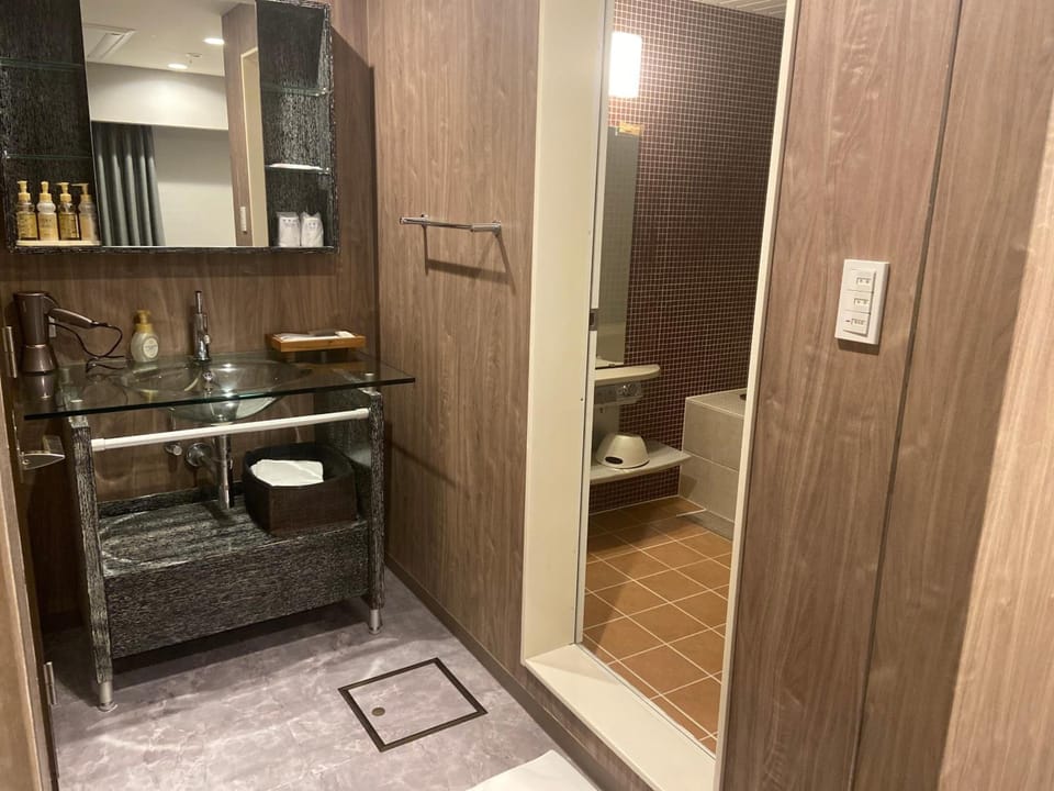 Combined shower/tub, deep soaking tub, free toiletries, hair dryer