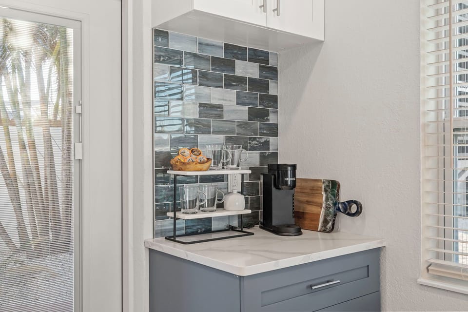 Coffee bar, keurig, k-cups, sugar, & Mr. Coffee too
