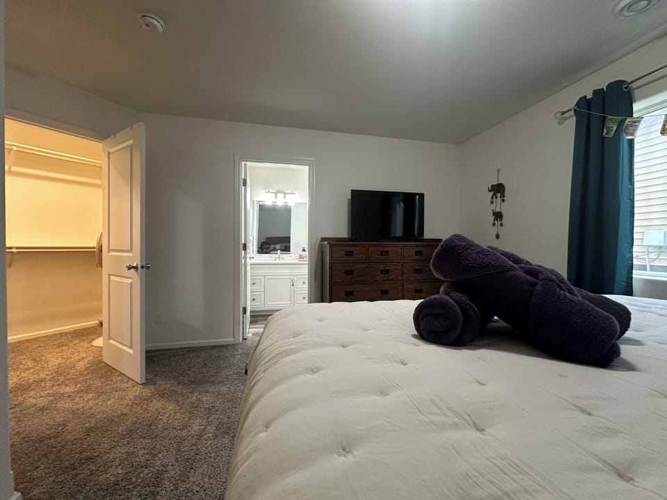 Primary bedroom with ensuite bathroom, walk-in closet, tv.