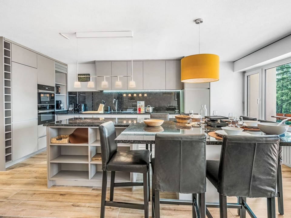 Furniture, Kitchen, Interior Design, Countertop, Flooring, Chair, Cabinetry, Kitchen Appliance, Wood, Ceiling