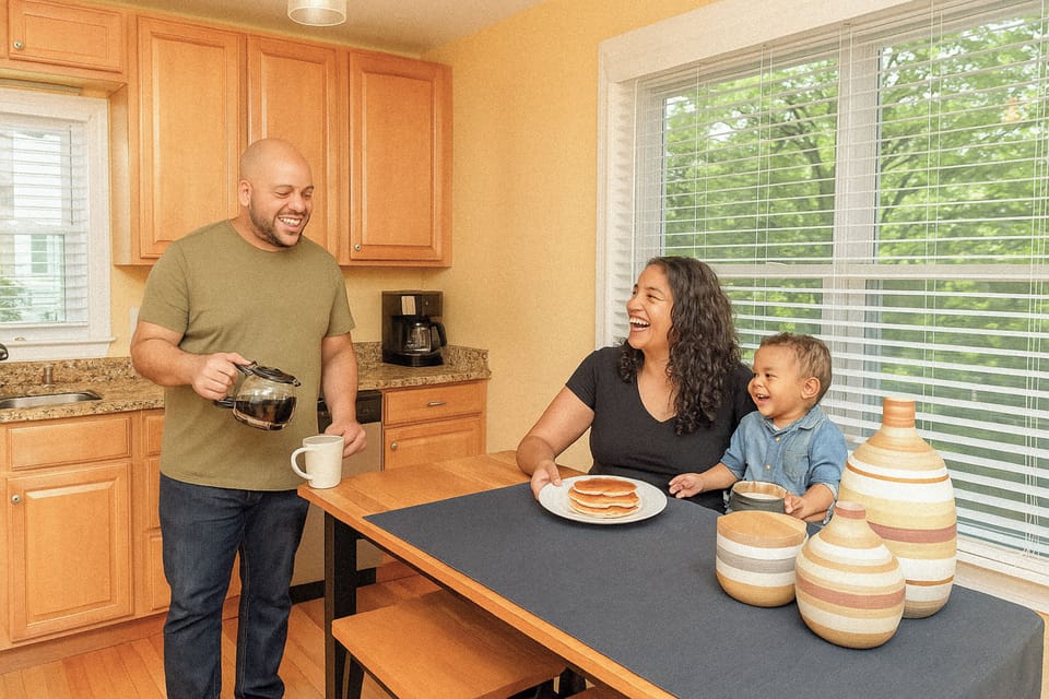 Start your day with sunshine, coffee, and pancakes in this bright and joyful kitchen. A perfect home base for families or couples exploring the area.