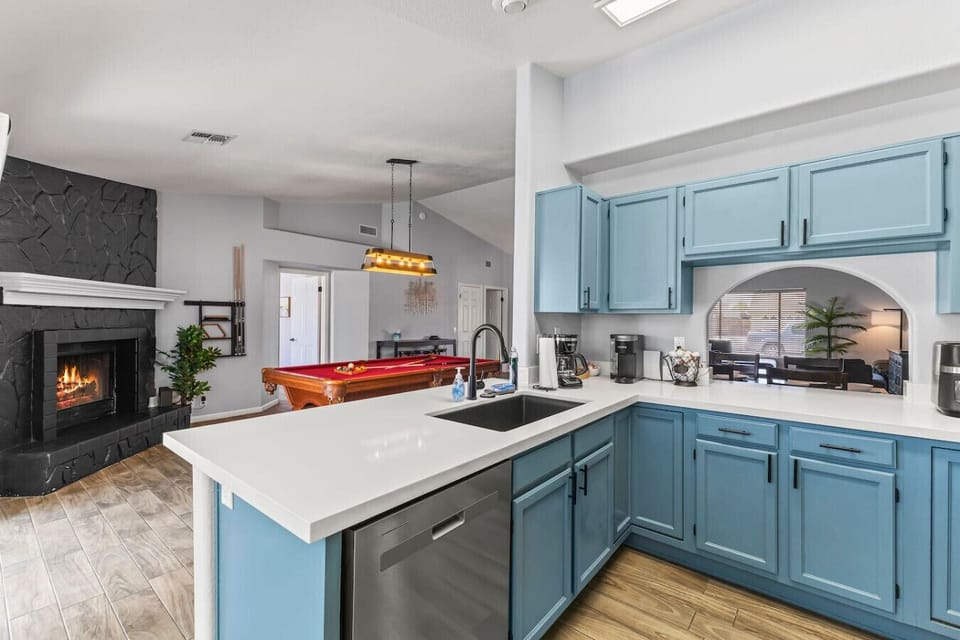 Full kitchen with everything you need including dishes, baking items, blender, coffee makers, utensils and more.  If we don`t have it just ask!