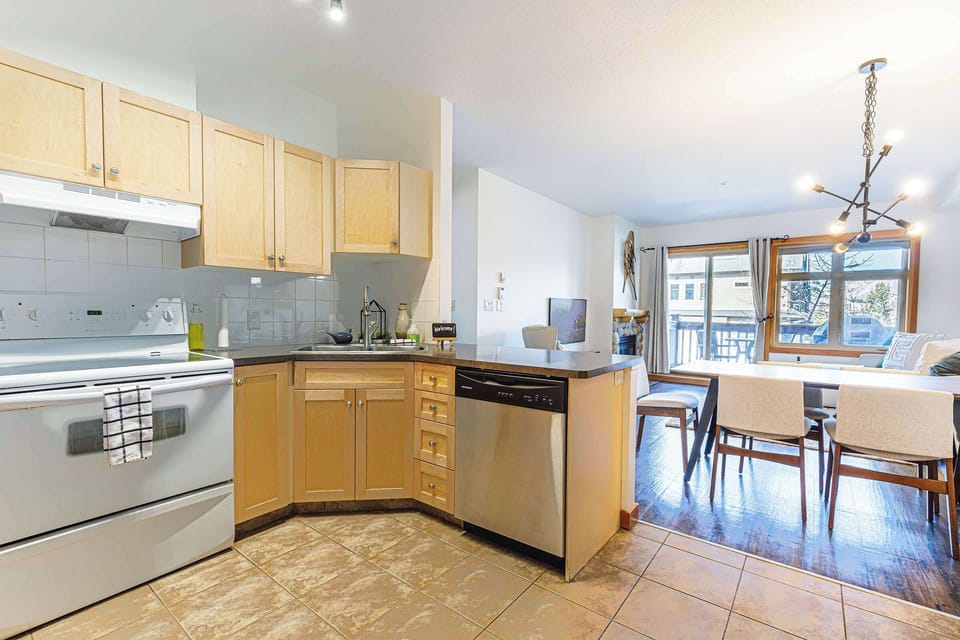 Spacious kitchen flowing into the dining area
