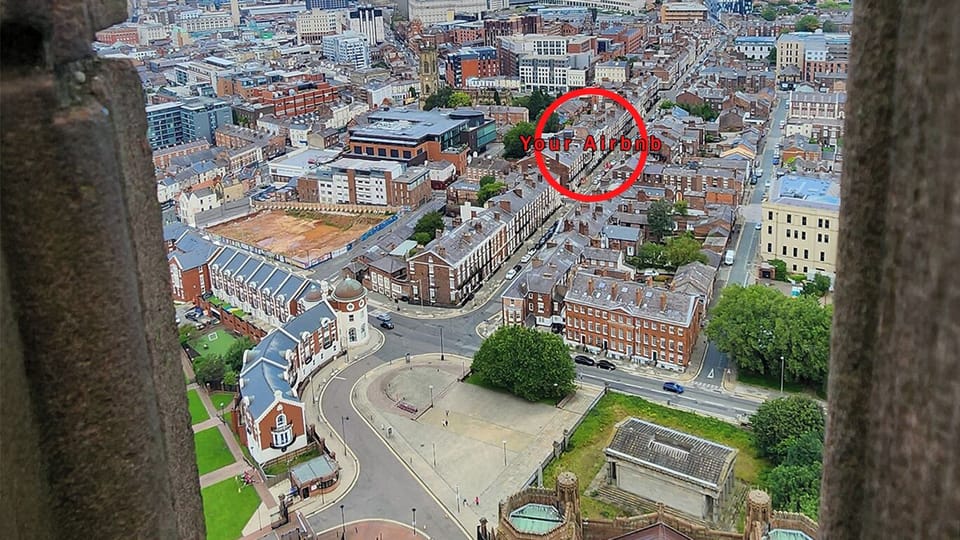 View from the top of Liverpool Cathedral, showing the apartment’s prime location just moments away—perfect for exploring the city’s historic and cultural heart on foot.
