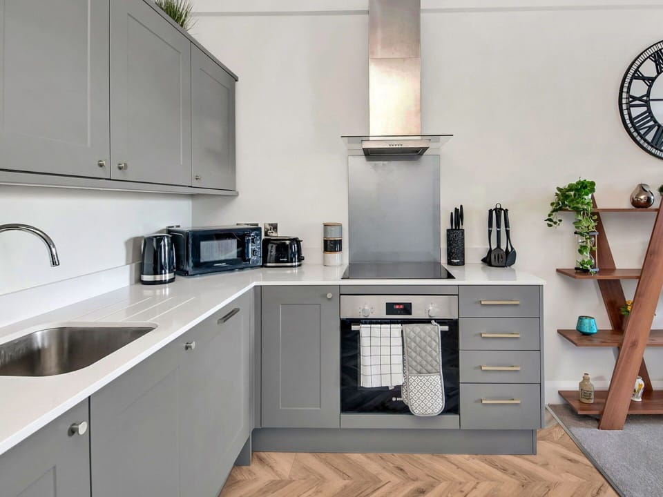 Kitchen, Kitchen Appliance, Interior Design, Furniture, Flooring, Major Appliance, Cabinetry, Countertop, Floor, Home Appliance