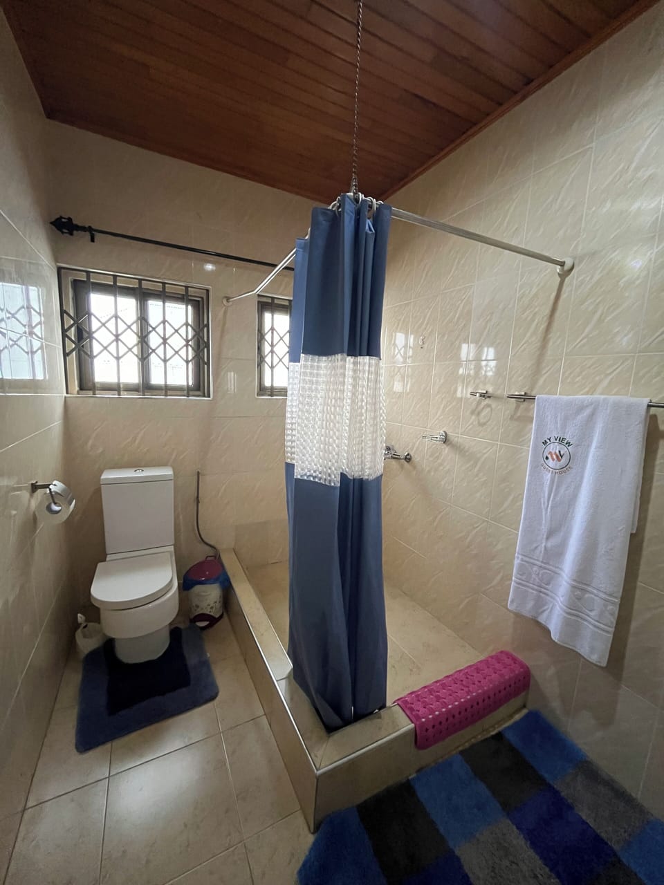 Shower, towels, soap, toilet paper