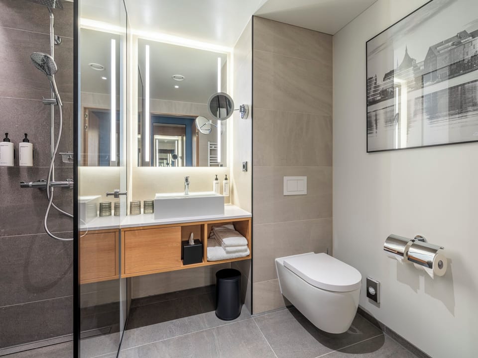 Shower, rainfall showerhead, free toiletries, hair dryer
