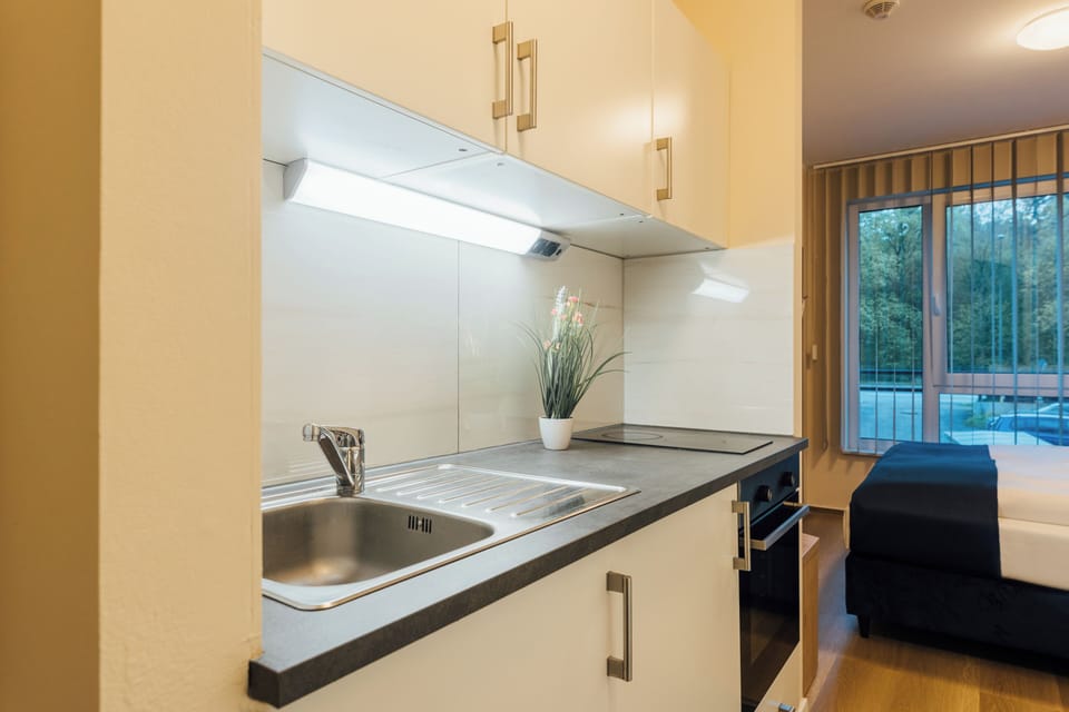 Mini-fridge, oven, stovetop