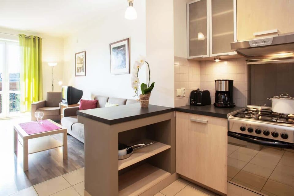 A well-organized kitchen with a stove, cabinets, and a small workspace. The open layout connects to the rest of the apartment, creating a seamless flow.