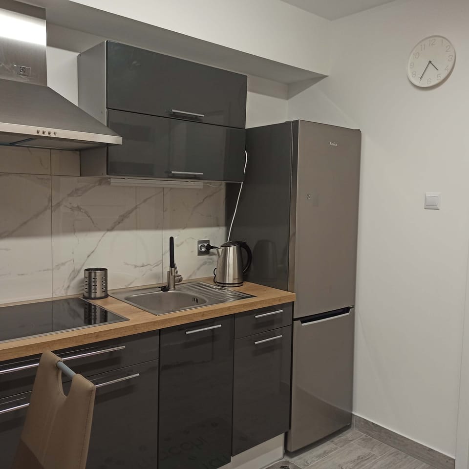 Kitchenette with electric kettle and refrigerator