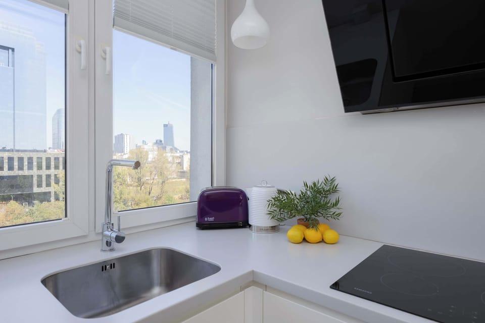 The kitchen with large windows is equipped with a toaster and an electric kettle.