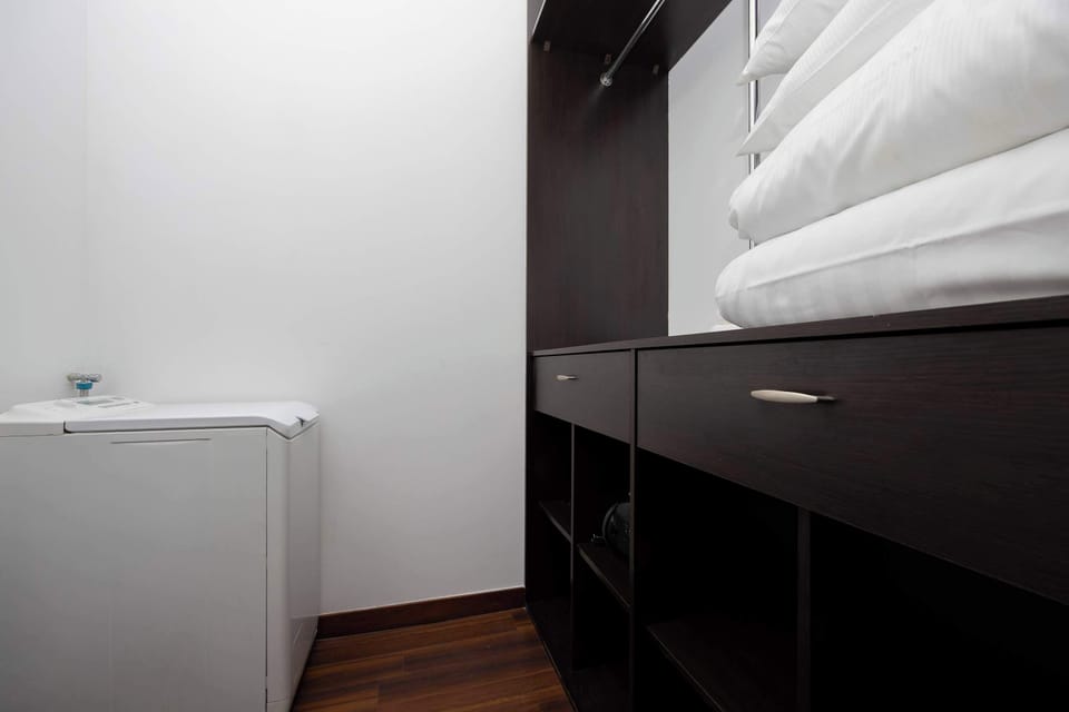 Wardrobe with washing machine and shelves above it. The space is functional and well-organized.