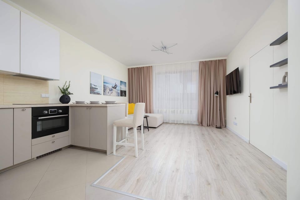 Spacious living room with a sofa, TV, kitchenette and dining area.
