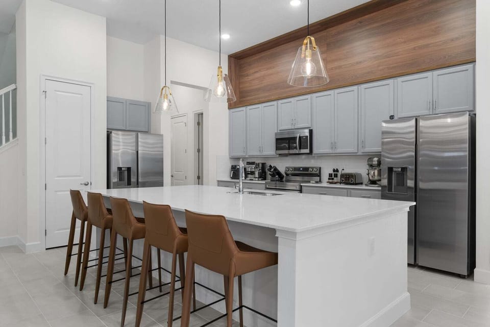Our kitchen is fully equipped with stainless steel appliances with everything you need to get ready for the day.