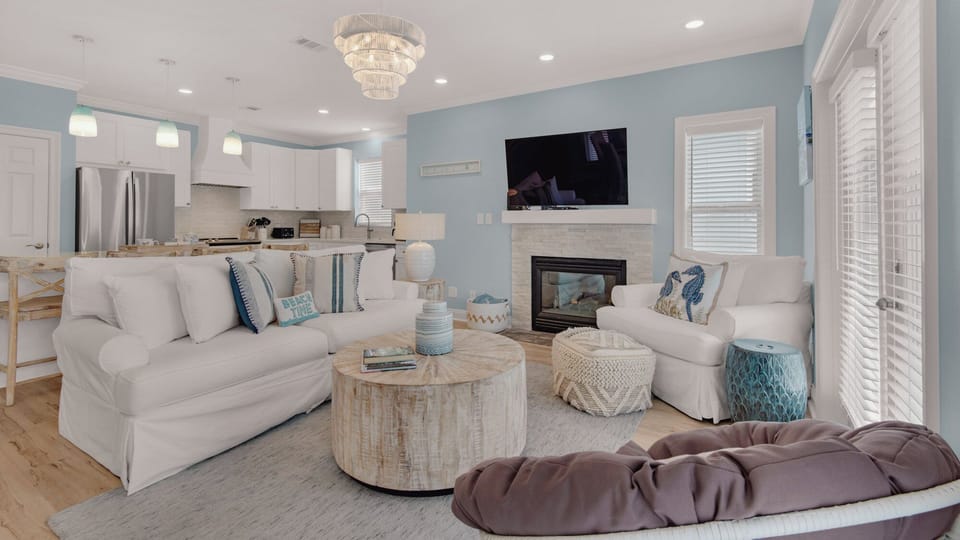 House, Multiple Beds, Patio, Partial Ocean View (Just Add Salt) | Living area | 50-inch flat-screen TV with digital channels, fireplace