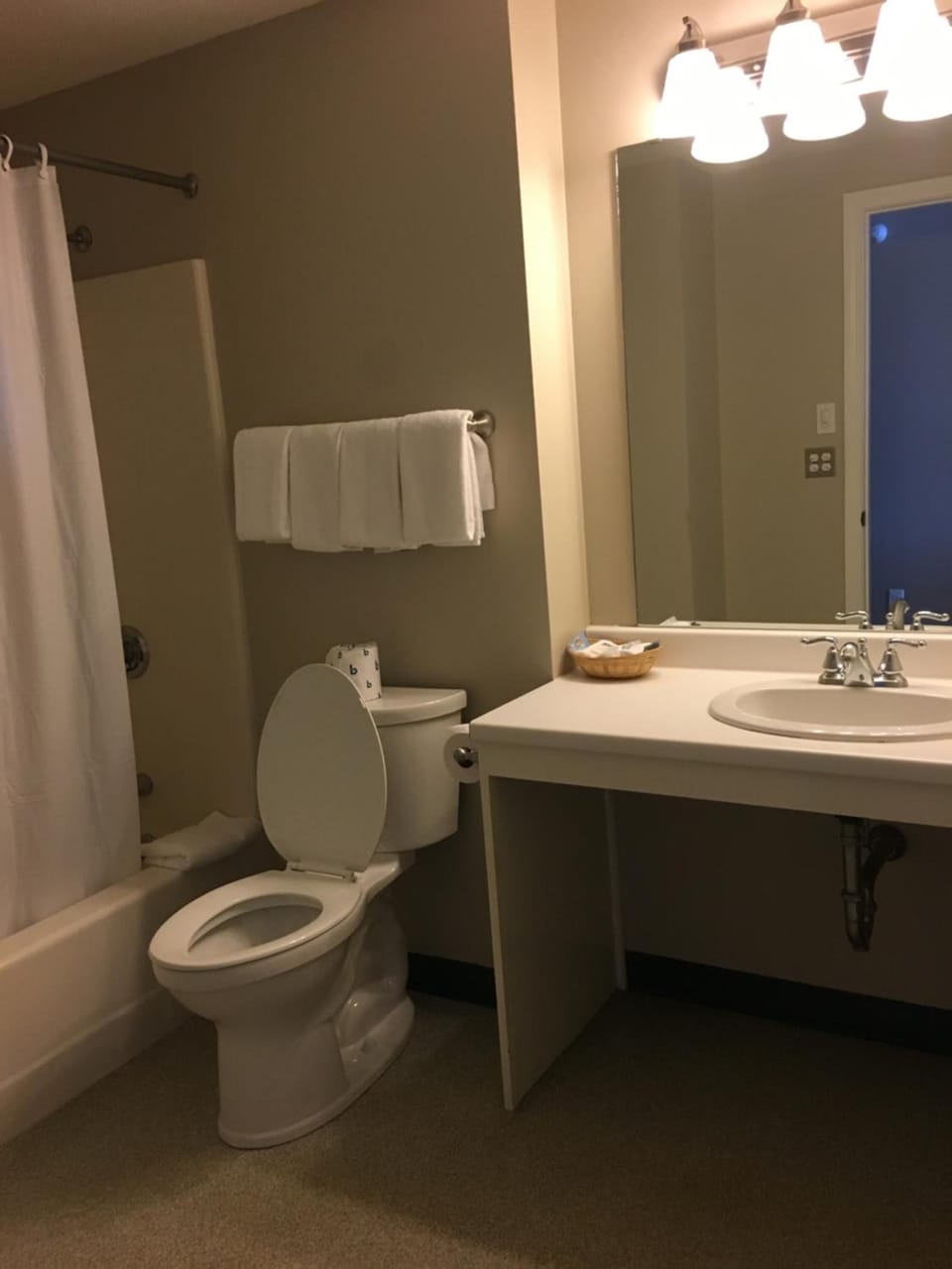 Combined shower/tub, free toiletries, towels