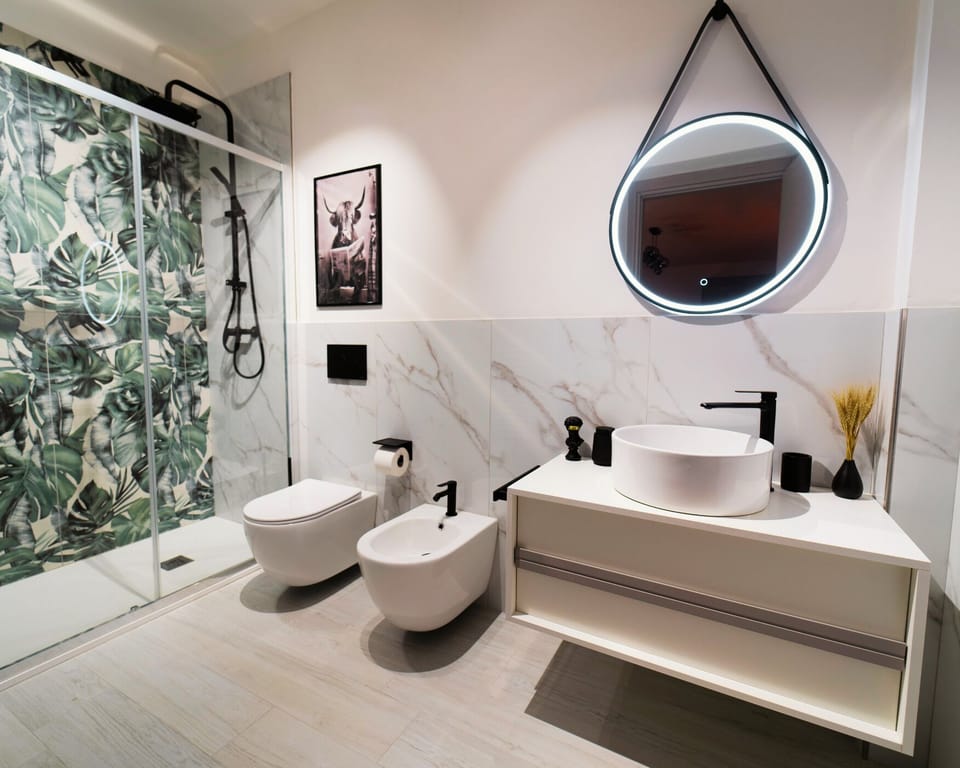 Shower, rainfall showerhead, hair dryer, slippers