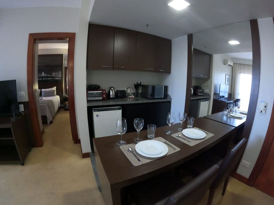 Fridge, microwave, cookware/dishes/utensils