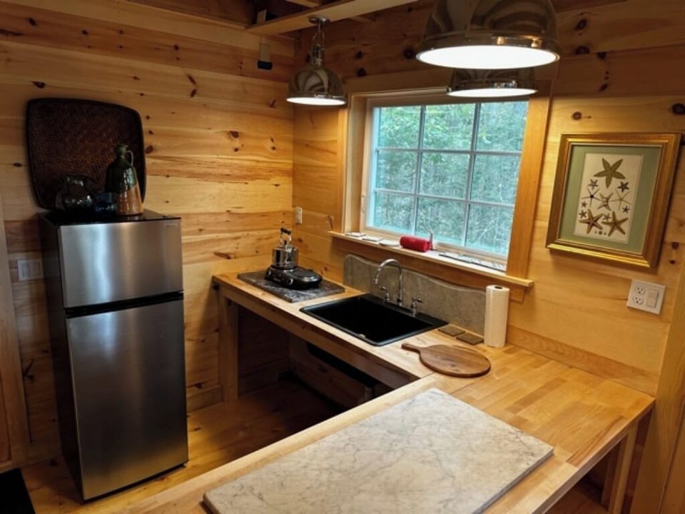 pine-paneled kitchen