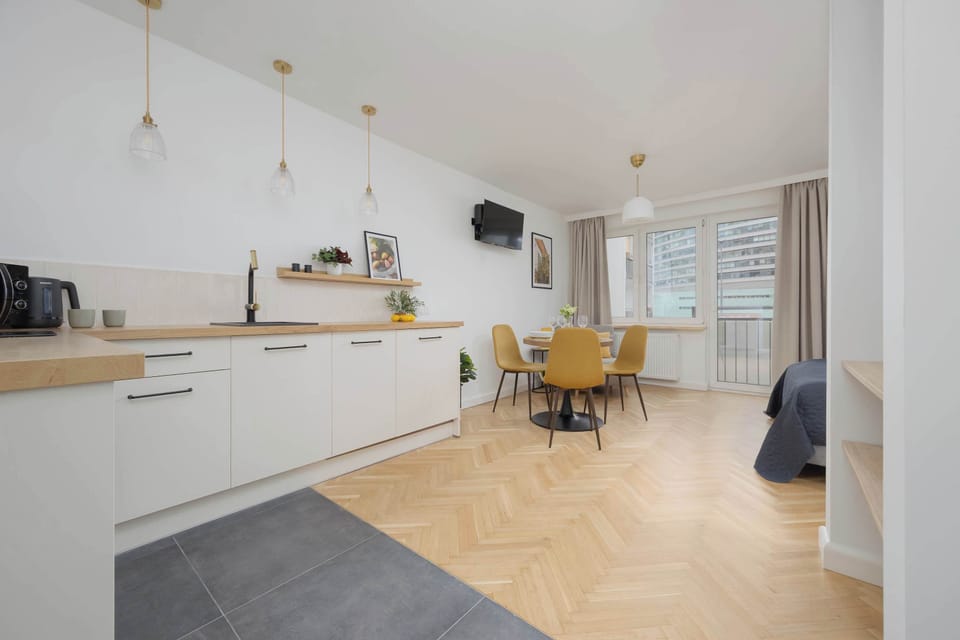 Kitchenette with dining table.