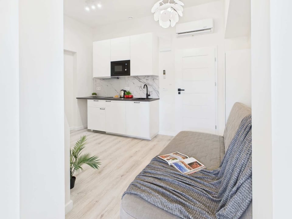 A bright living room with a cozy sofa and a compact open kitchen in the background.