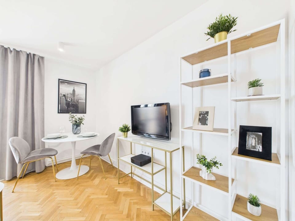A second perspective of the living area highlighting the shelving unit, two chairs, and entertainment setup with a TV.