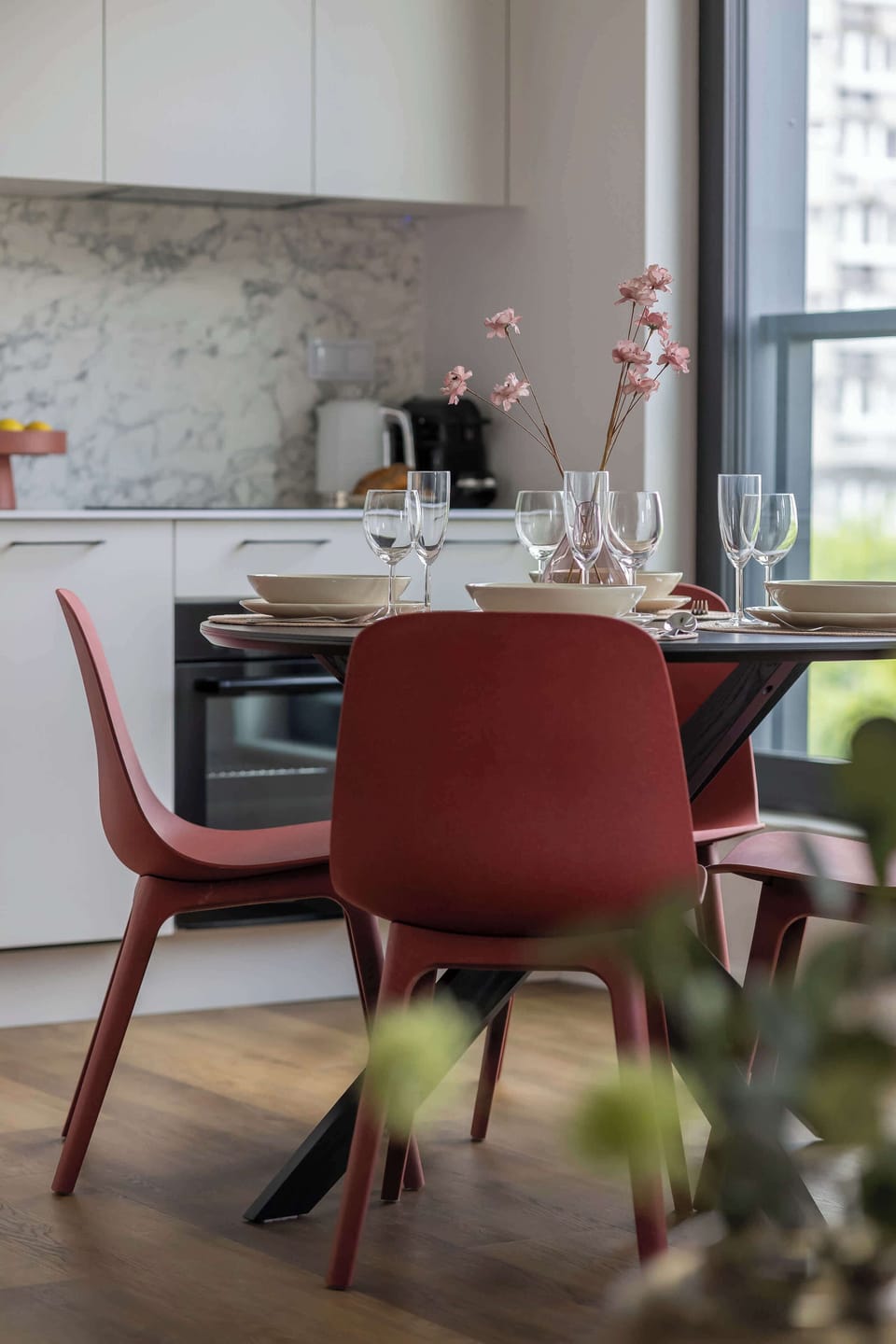 Dining area with table and chairs.