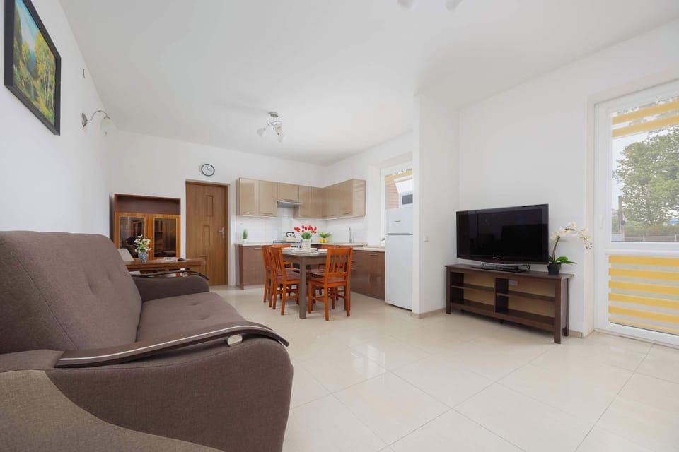 Cosy furnished living room with sofa bed and TV. Access to the garden. Living room with kitchenette.