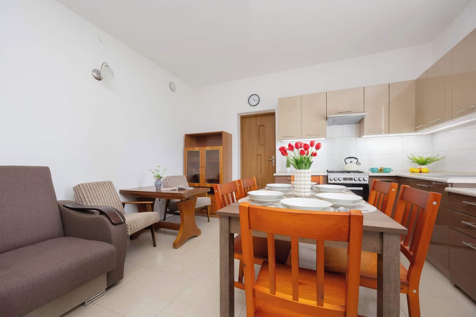 Cosy furnished living room with sofa bed and TV. Living room with kitchenette.