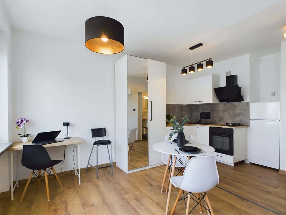 Spacious living room with desk and wardrobe and kitchenette.