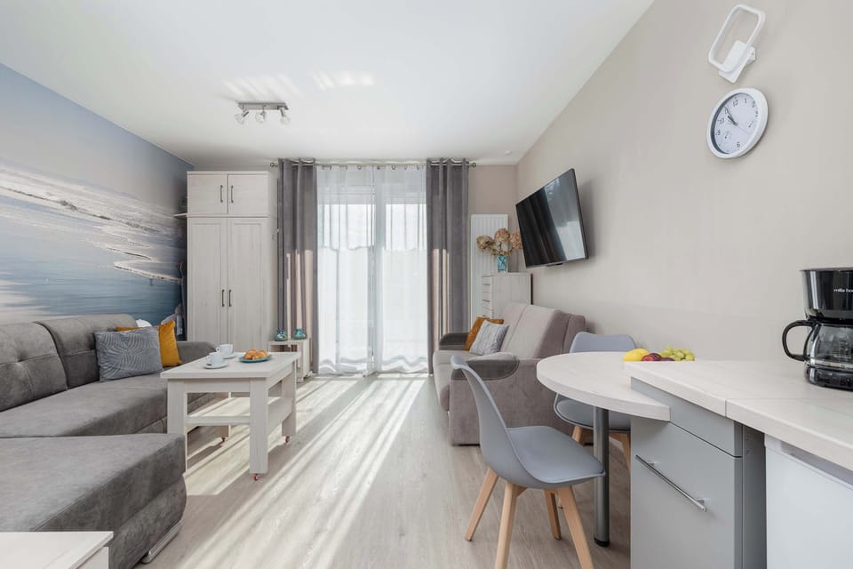 The studio has two comfortable sofa beds designed for two people. Four people can sleep comfortably.