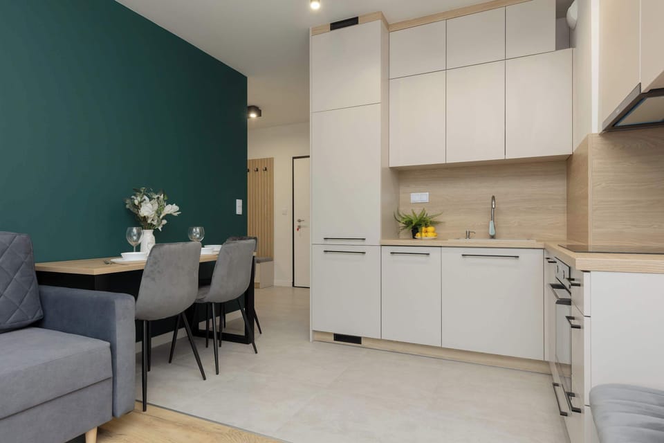 Kitchenette with an oven.