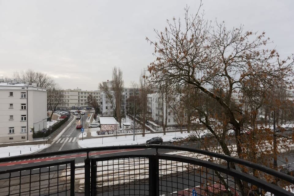 A scenic balcony view overlooking a quiet residential street. Leafless trees and snow create a peaceful, wintry mood.