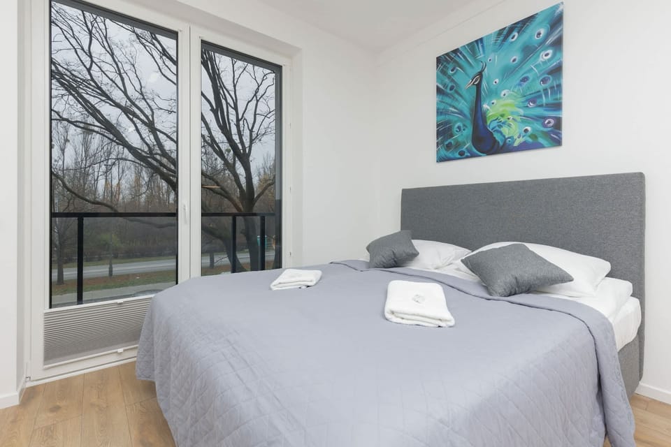 The sleeping area includes a comfortable double bed with gray bedding and a large window providing natural light and a view of the greenery outside.