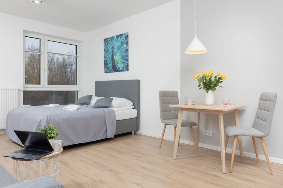 The sleeping area includes a comfortable double bed with gray bedding and a large window providing natural light and a view of the greenery outside.