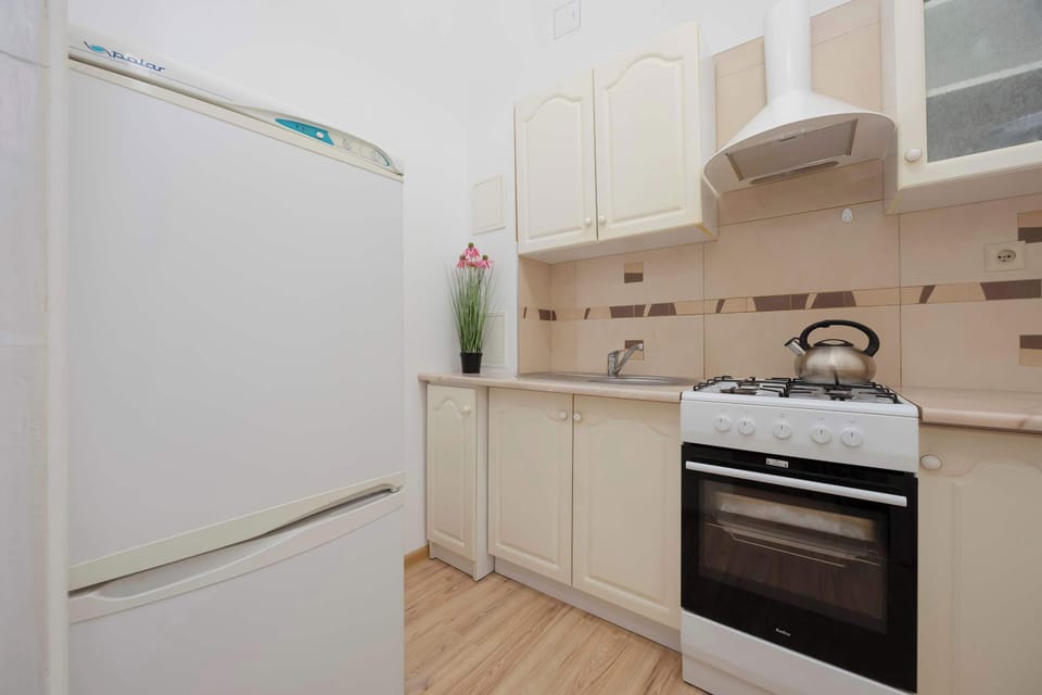 Kitchen with a gas stove, oven, refrigerator with freezer, gas kettle, set of dishes and kitchen utensils.